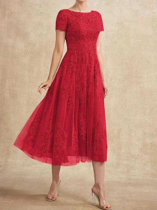 A-line Scoop Tea-Length Tulle Lace Mother of the Bride Dress - Image 37