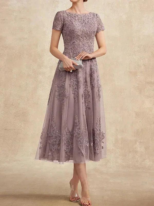 A-line Scoop Tea-Length Tulle Lace Mother of the Bride Dress - Image 4