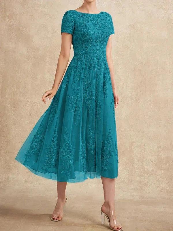 A-line Scoop Tea-Length Tulle Lace Mother of the Bride Dress - Image 41
