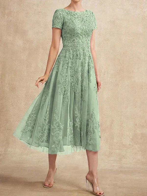 A-line Scoop Tea-Length Tulle Lace Mother of the Bride Dress - Image 42