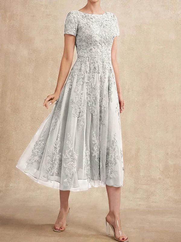 A-line Scoop Tea-Length Tulle Lace Mother of the Bride Dress - Image 43