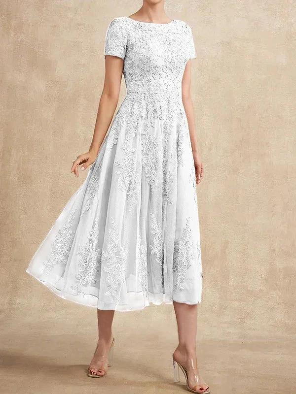 A-line Scoop Tea-Length Tulle Lace Mother of the Bride Dress - Image 44