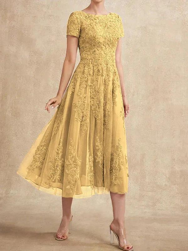 A-line Scoop Tea-Length Tulle Lace Mother of the Bride Dress - Image 45