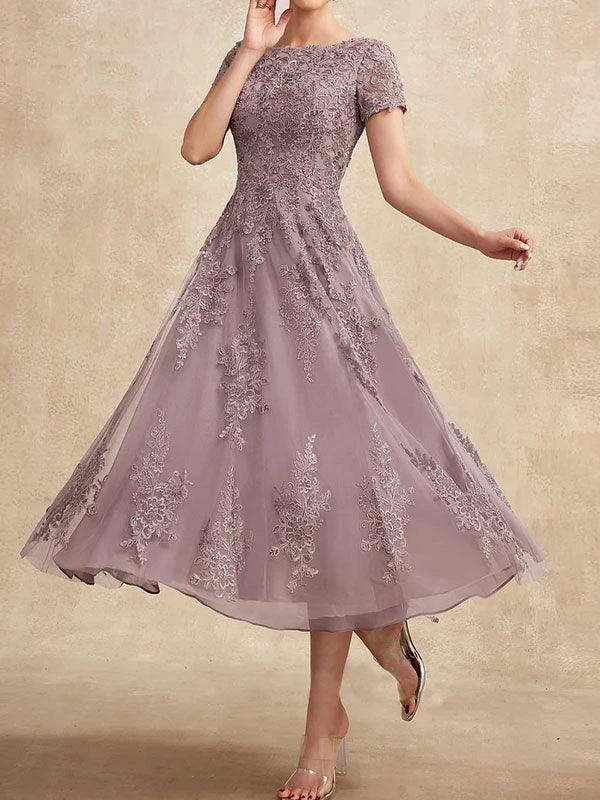 A-line Scoop Tea-Length Tulle Lace Mother of the Bride Dress - Image 6