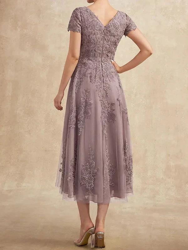 A-line Scoop Tea-Length Tulle Lace Mother of the Bride Dress - Image 7