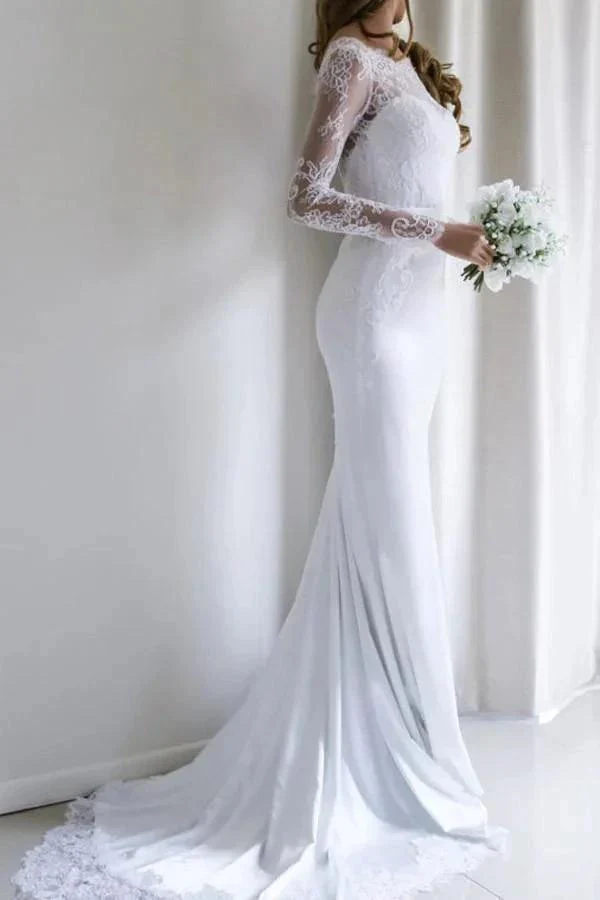 Elegant Lace Long Sleeves Mermaid White Long Wedding Dress with Train WD110 - Image 2
