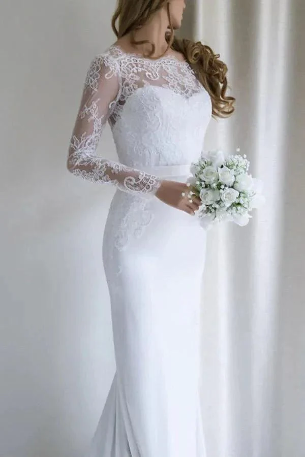 Elegant Lace Long Sleeves Mermaid White Long Wedding Dress with Train WD110 - Image 3