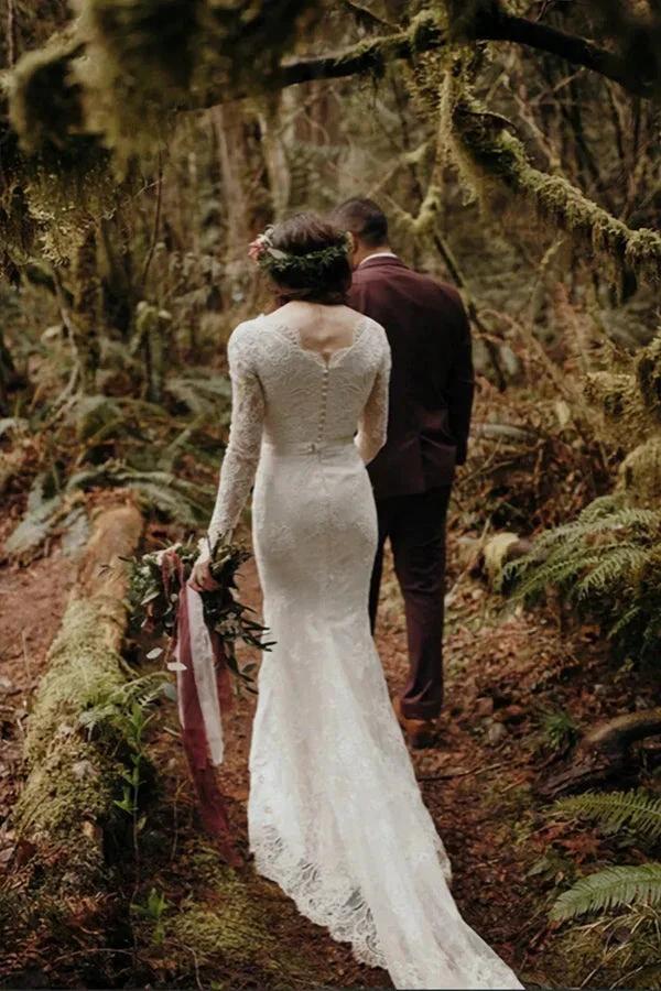 Elegant Lace Mermaid Round Neck Long Sleeves Wedding Dresses WD638 - Image 3