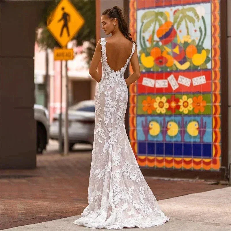 Elegant Lace Mermaid Vestidos De Novia Beach Open Back Sleeveless Wedding Dresses Appliques Vestido De Noiva - Image 2