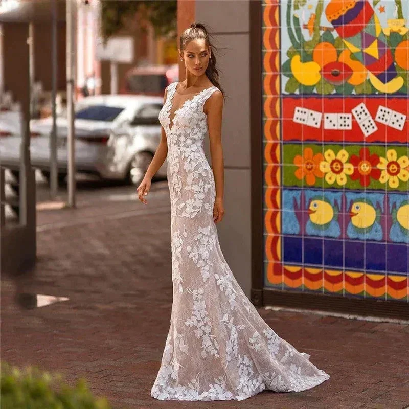 Elegant Lace Mermaid Vestidos De Novia Beach Open Back Sleeveless Wedding Dresses Appliques Vestido De Noiva - Image 3