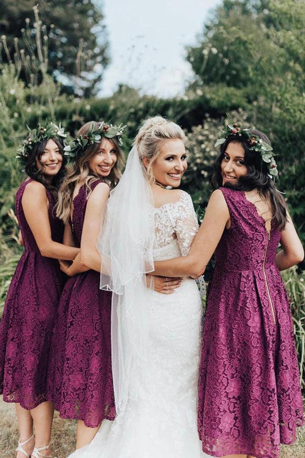 Elegant Lace V-Neckline Tea-length A-line Bridesmaid Dress  BD094 - Image 2
