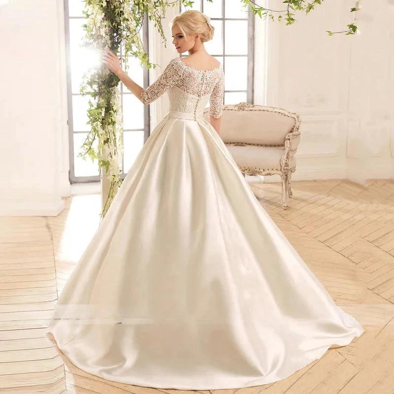 Elegant Lace Wedding Dresses For Women Half Sleevess Bride With Belt Bow Vestidos  De Novia Boda Suknia Ślubna Robe Mariée - Image 2