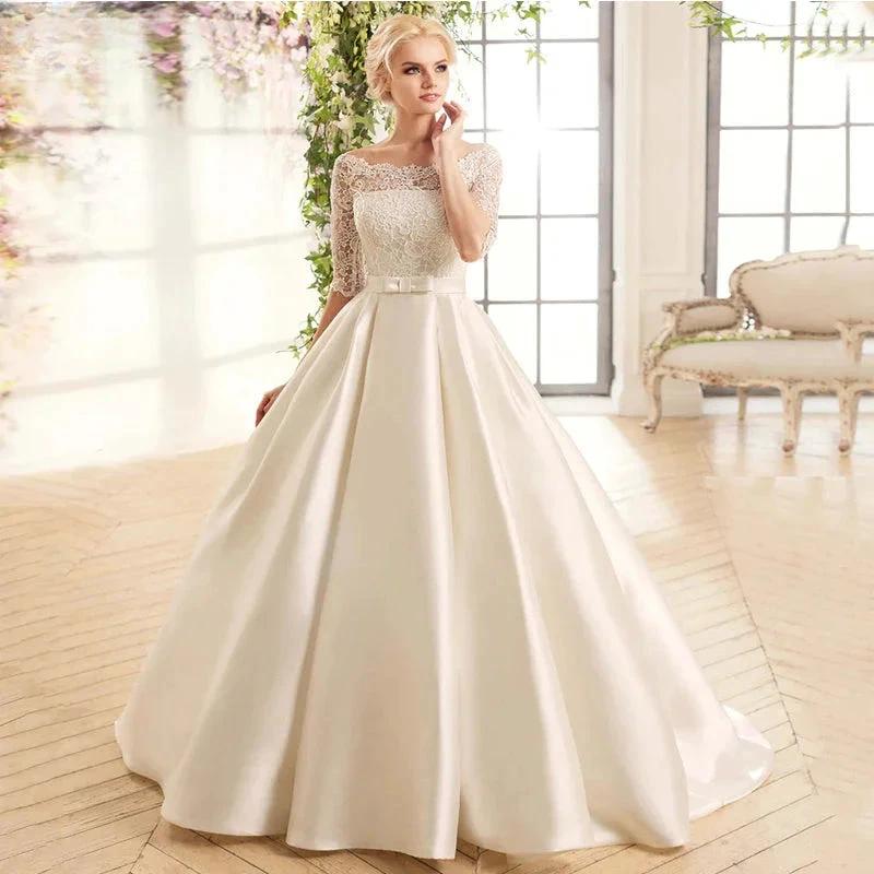 Elegant Lace Wedding Dresses For Women Half Sleevess Bride With Belt Bow Vestidos  De Novia Boda Suknia Ślubna Robe Mariée - Image 3