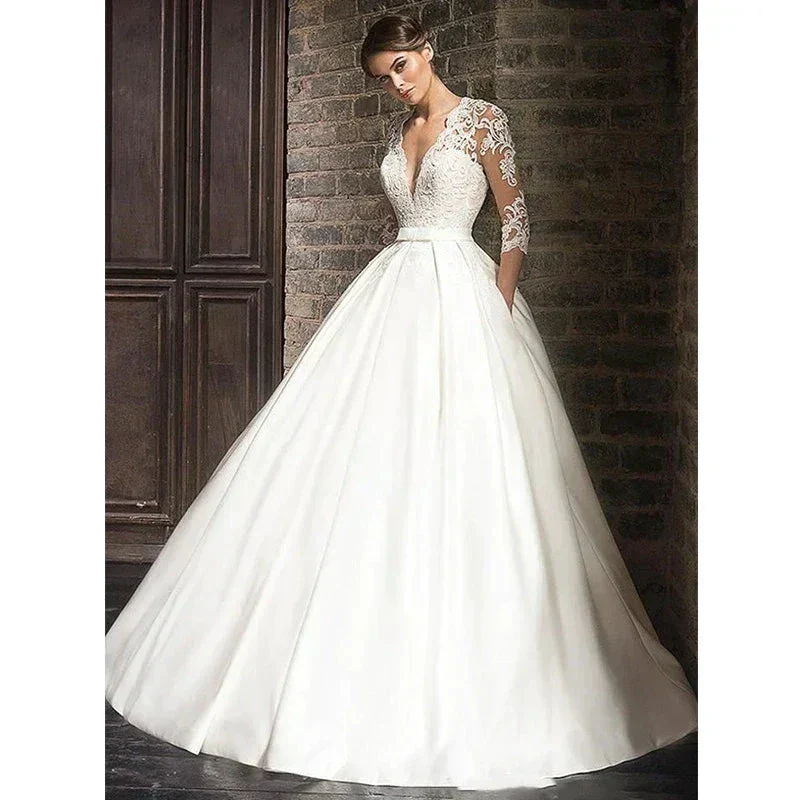 Elegant Lace Wedding Dresses Sexy Deep V-Neck Vestido De Novia Sleeve Bridal Gowns with Pockets Customized Robe Mariee - Image 2