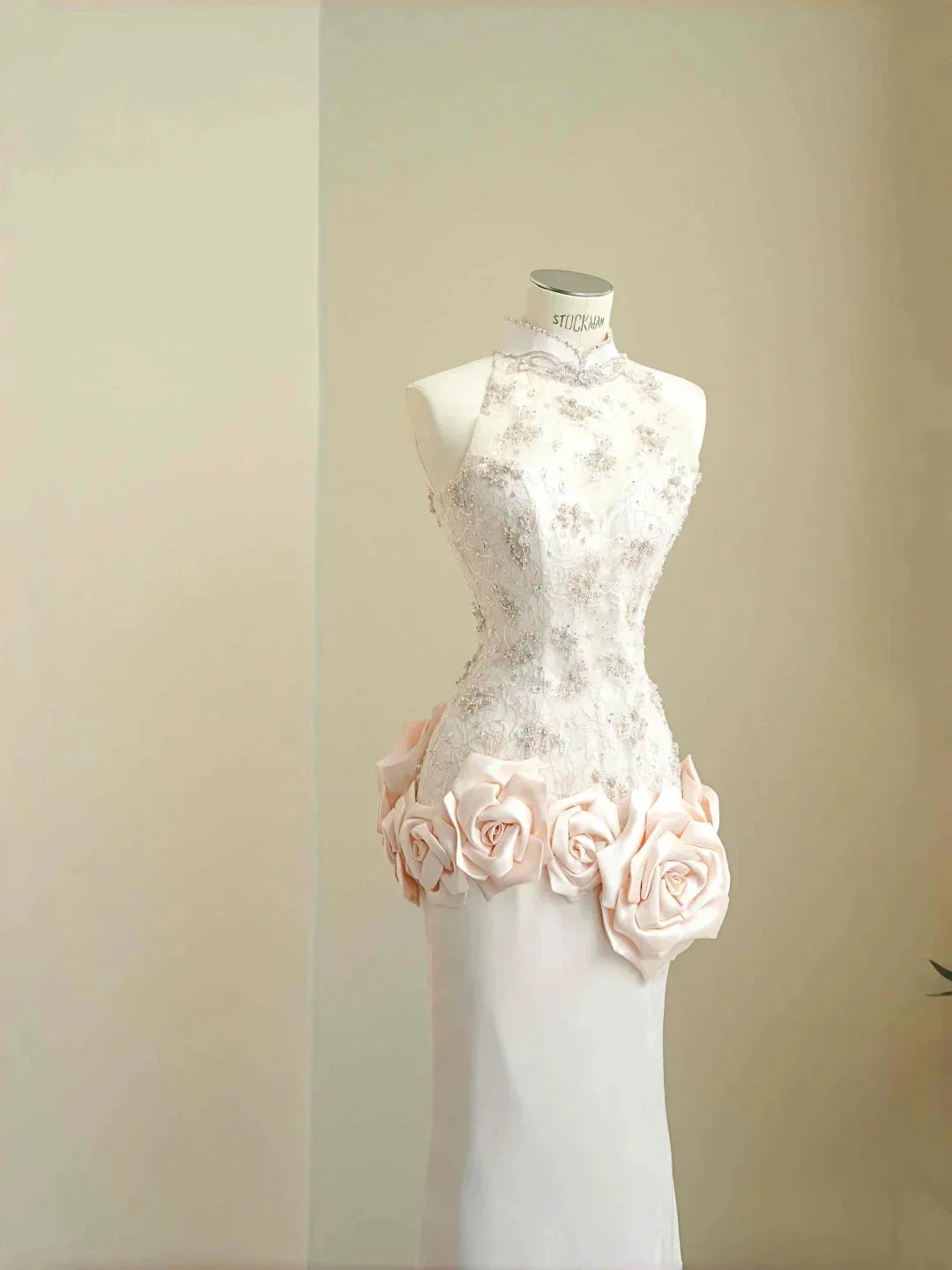 Elegant Light Pink Satin Lace Sequin Beaded Evening Dress Slit Mermaid Prom Dress Y8672 - Image 2