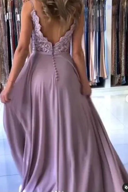 Elegant Lilac A-line Split Long Evening Dresses With Lace - Image 3