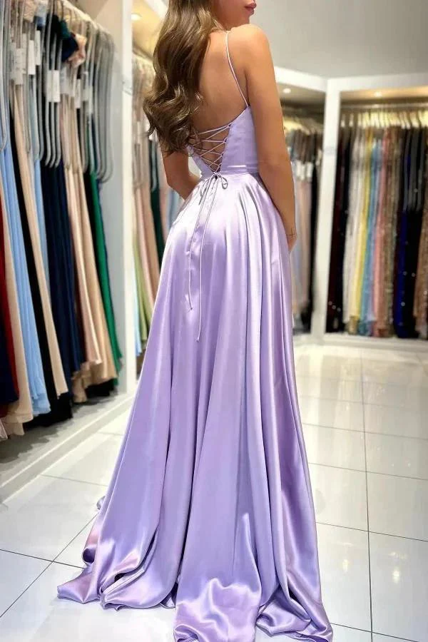 Elegant Lilac Long A-line Spaghetti Straps Lace-Up Satin Prom Dresses - Image 2