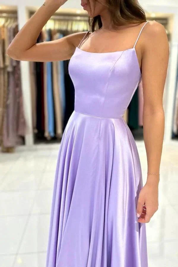 Elegant Lilac Long A-line Spaghetti Straps Lace-Up Satin Prom Dresses - Image 3