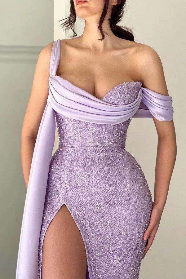 Elegant Lilac Long Glitter Off-the-shoulder Mermaid Evening Dresses With Slit - Image 3
