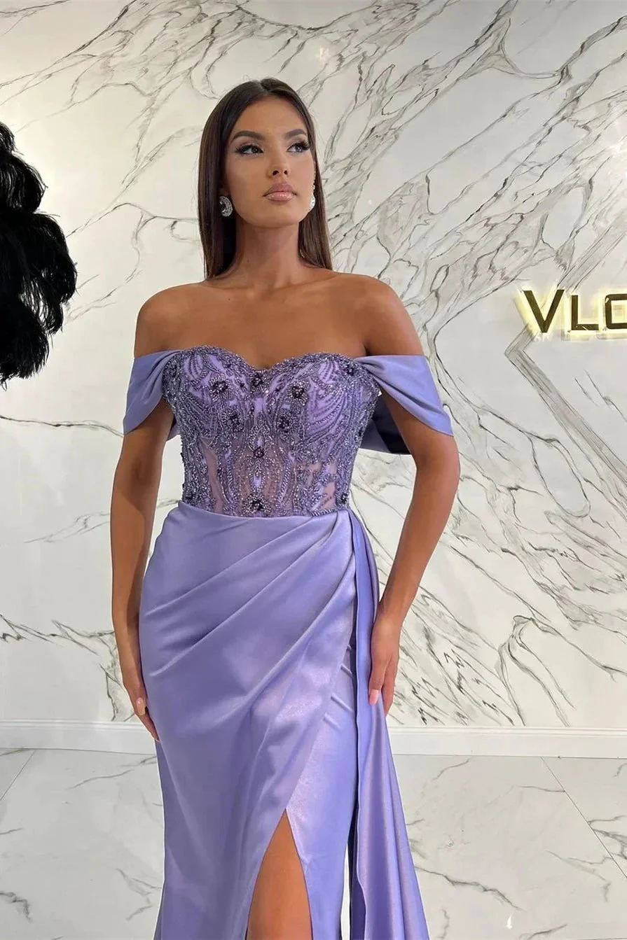 Elegant Lilac Off-the-shoulder Beading Mermaid Prom Dress With Slit - Image 2