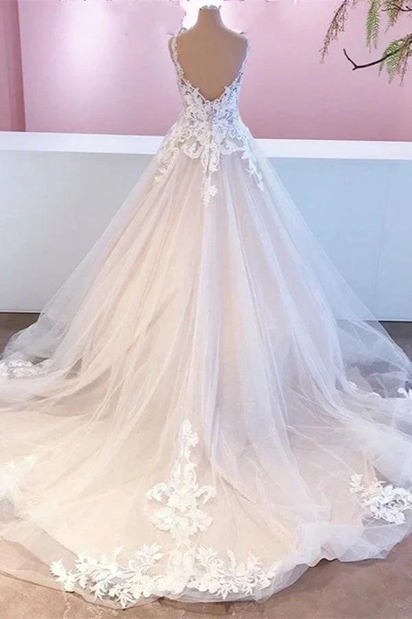 Elegant Long A-Line Appliques Lace Tulle Sweetheart Backless Wedding Dress - Image 2