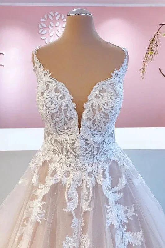 Elegant Long A-Line Appliques Lace Tulle Sweetheart Backless Wedding Dress - Image 3
