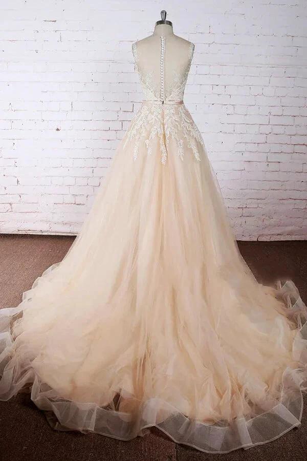 Elegant Long A-line Appliques Lace Tulle Wedding Dress - Image 2