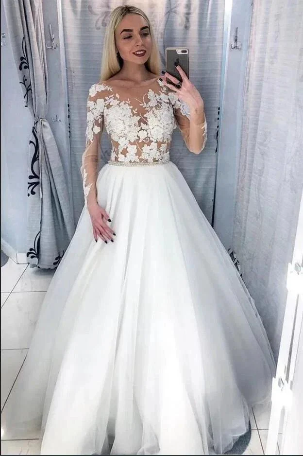 Elegant Long A-Line Bateau Appliques Lace Tulle Wedding Dress with Sleeves - Image 2