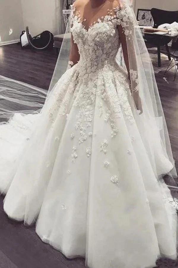 Elegant Long A-Line Bateau Appliques Lace Wedding Dress with Sleeves - Image 3