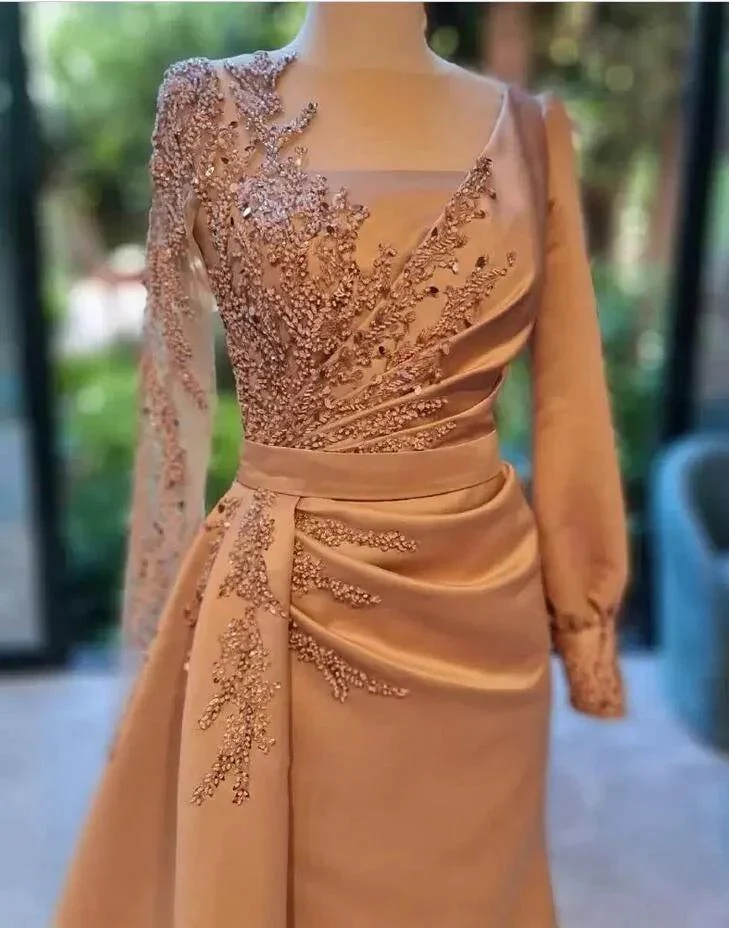 Elegant Long A-line Bateau Lace Ruffles Satin Prom Dress with Sleeves - Image 2