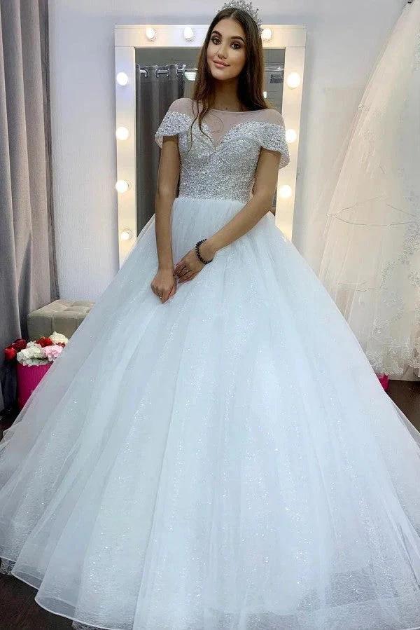 Elegant Long A-Line Bateau Sequins Crystal Tulle Train Wedding Dress with Sleeves - Image 2
