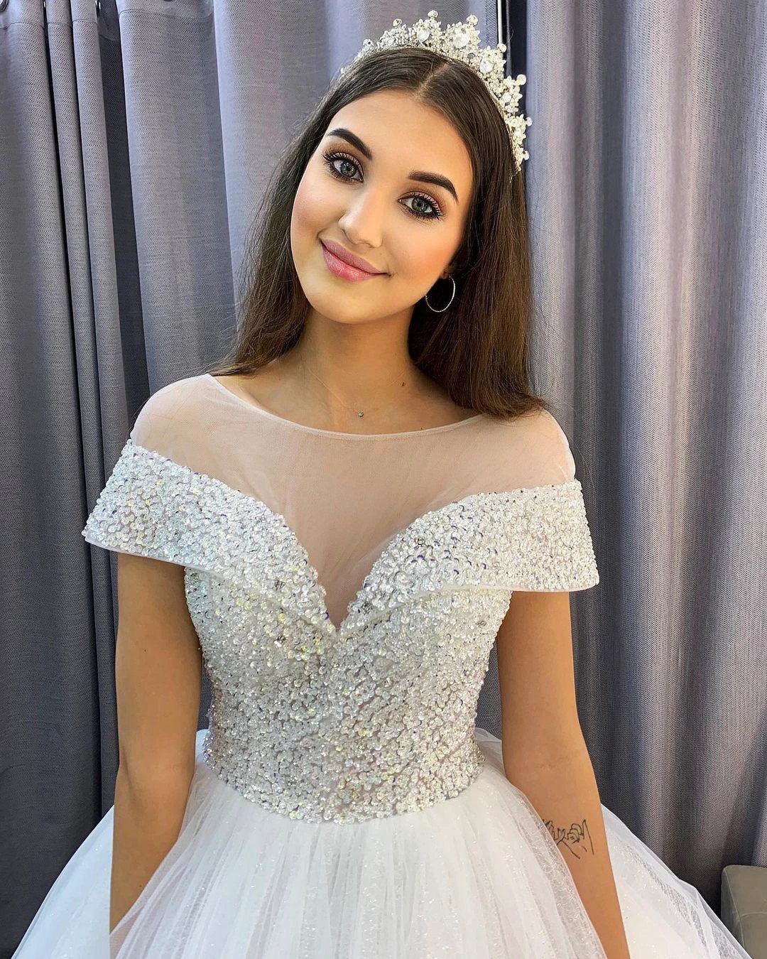 Elegant Long A-Line Bateau Sequins Crystal Tulle Train Wedding Dress with Sleeves - Image 3