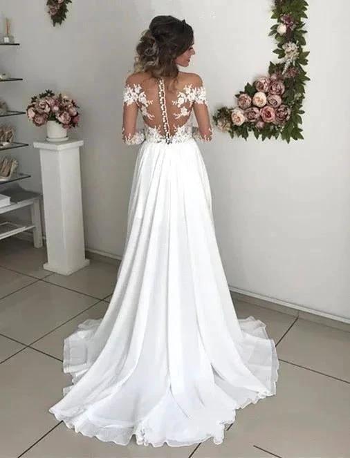 Elegant Long A-line Chiffon Lace Long Sleeves Wedding Dress with Slit - Image 2