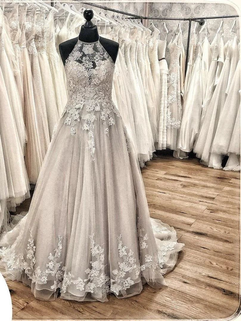 Elegant Long A-line Halter Backless Appliques Lace Tulle Ruffles Train Wedding Dress - Image 2