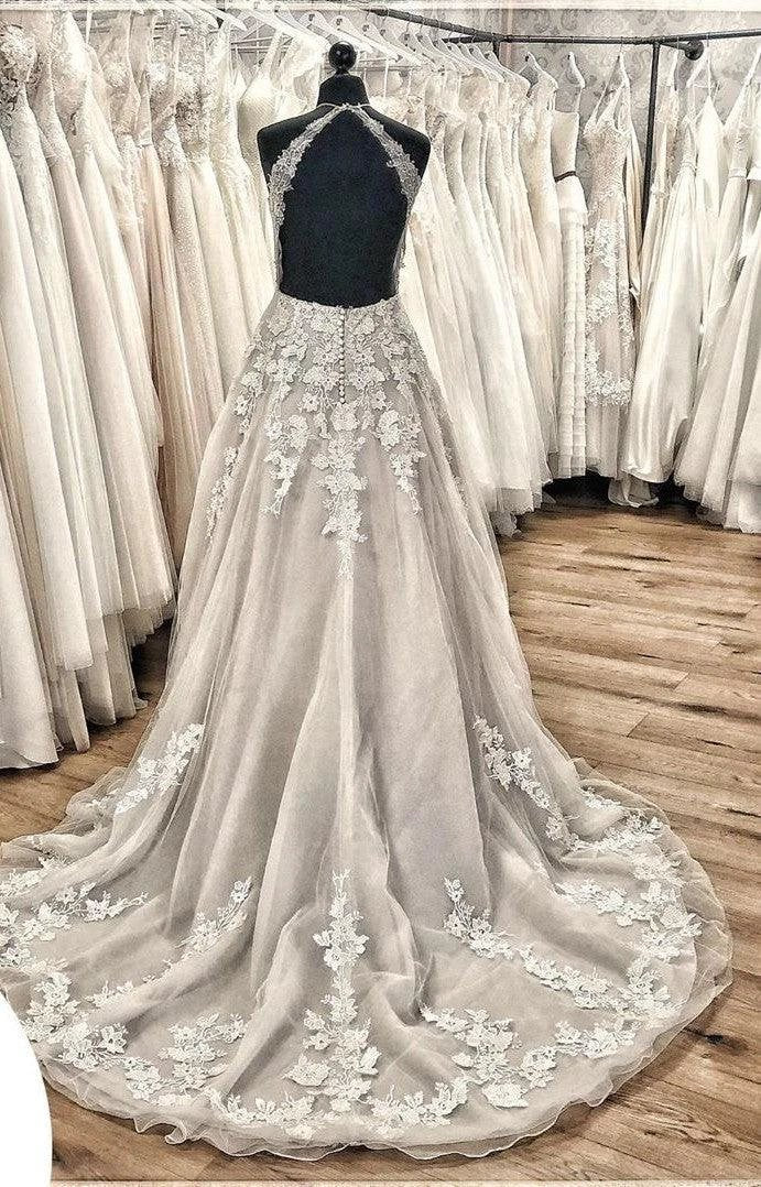 Elegant Long A-line Halter Backless Appliques Lace Tulle Ruffles Train Wedding Dress - Image 3