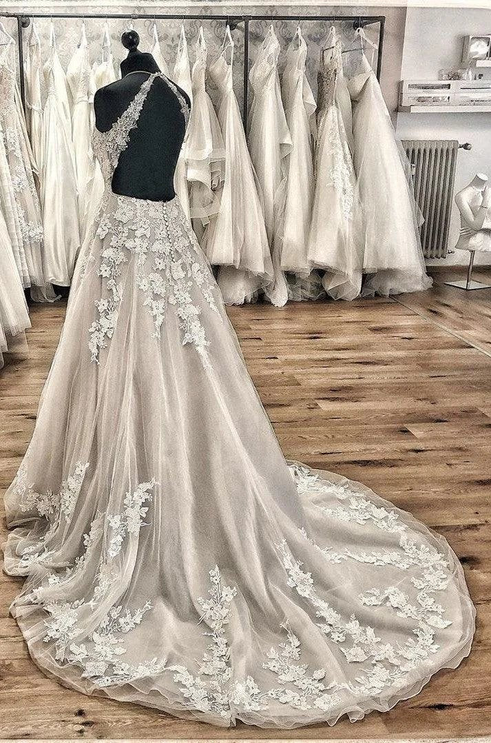 Elegant Long A-line Halter Backless Appliques Lace Tulle Ruffles Train Wedding Dress - Image 4