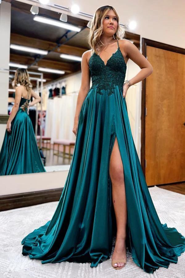 Elegant Long A-line Halter Satin Front Slit Backless Prom Dress with Pocktes - Image 2