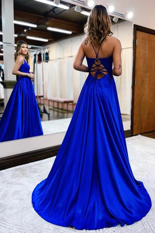 Elegant Long A-line Halter Satin Front Slit Backless Prom Dress with Pocktes - Image 4