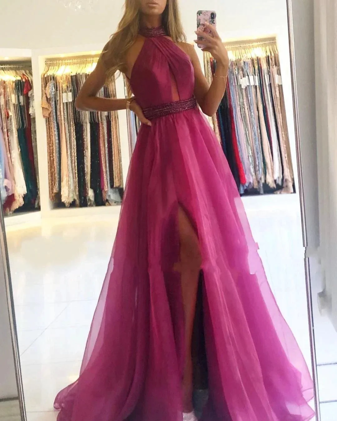 Elegant Long A-Line Halter Tulle Prom Dress With Slit - Image 2