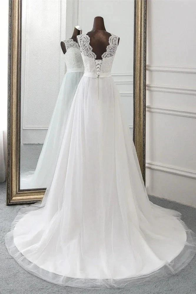 Elegant Long A-line Jewel Tulle Appliques Lace Wedding Dress - Image 2