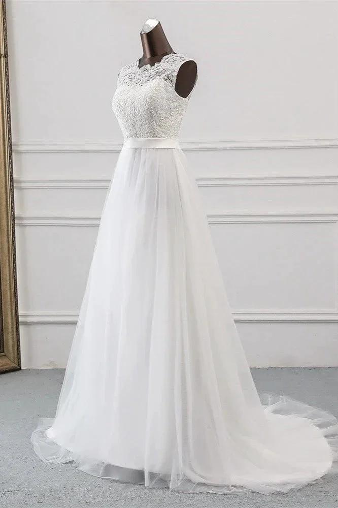 Elegant Long A-line Jewel Tulle Appliques Lace Wedding Dress - Image 3