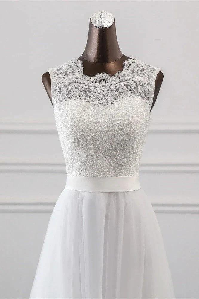 Elegant Long A-line Jewel Tulle Appliques Lace Wedding Dress - Image 4