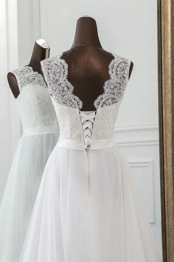 Elegant Long A-line Jewel Tulle Appliques Lace Wedding Dress - Image 5