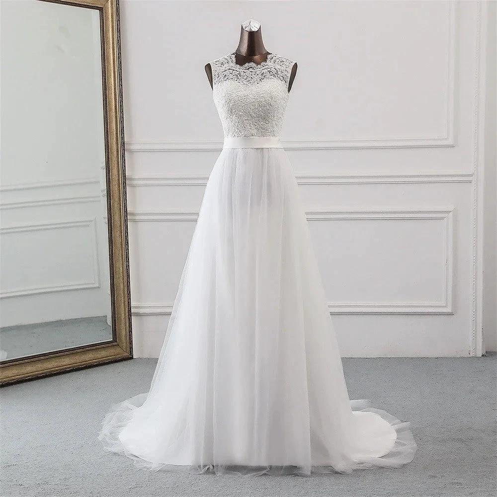 Elegant Long A-line Jewel Tulle Appliques Lace Wedding Dress - Image 6