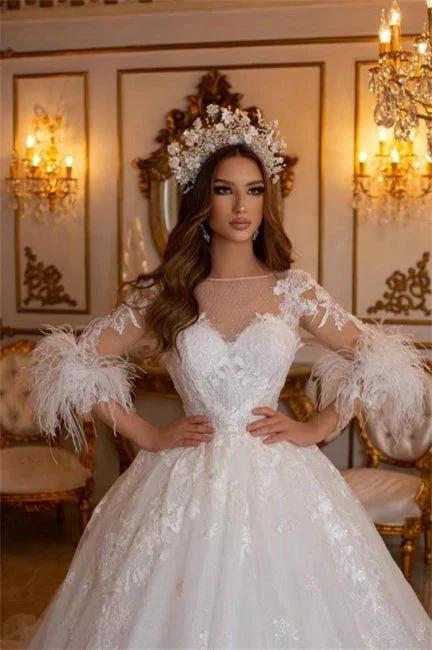 Elegant Long A-line Lace Appliques Tulle Wedding Dresses With Sleeves - Image 2