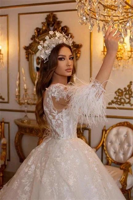 Elegant Long A-line Lace Appliques Tulle Wedding Dresses With Sleeves - Image 4