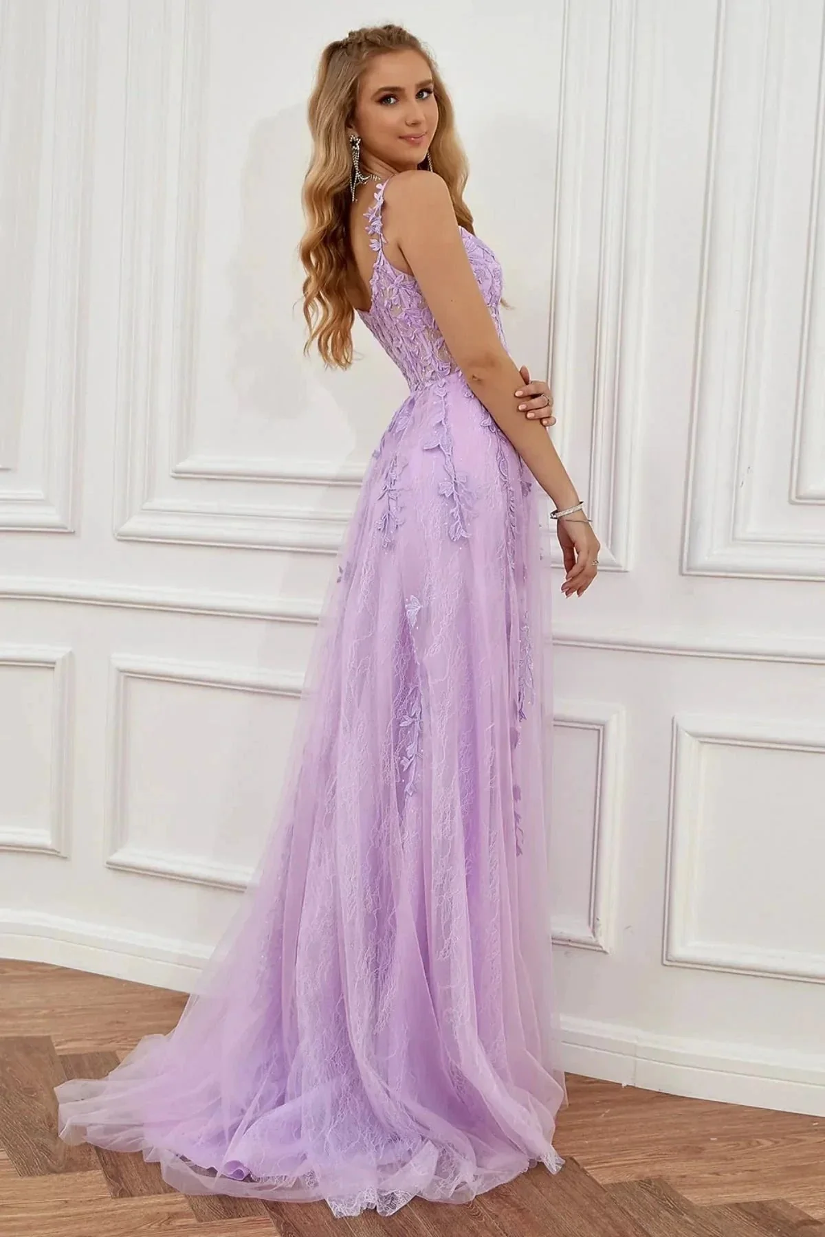Elegant Long A-line Off The Shoulder Lace Tulle Formal Graduation Prom Dresses with Slit - Image 2