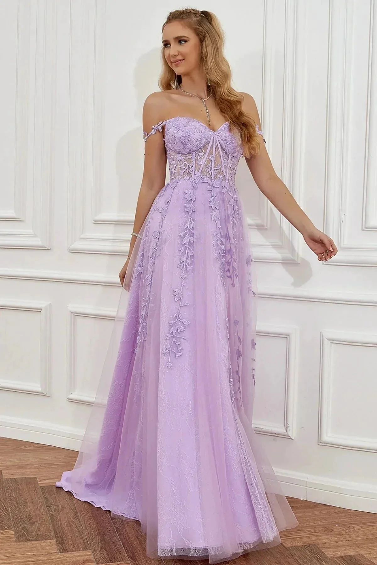 Elegant Long A-line Off The Shoulder Lace Tulle Formal Graduation Prom Dresses with Slit - Image 3