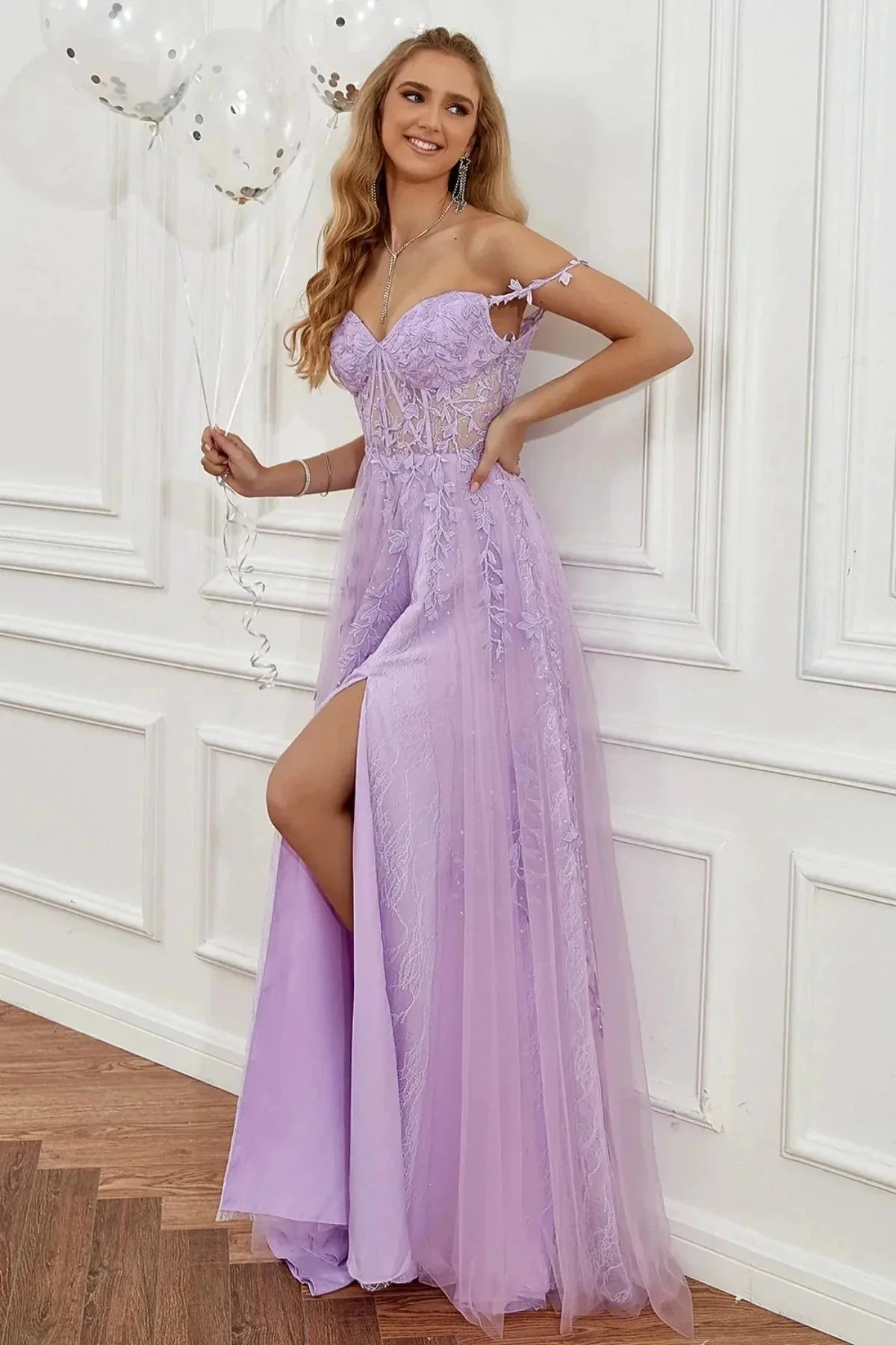 Elegant Long A-line Off The Shoulder Lace Tulle Formal Graduation Prom Dresses with Slit - Image 4