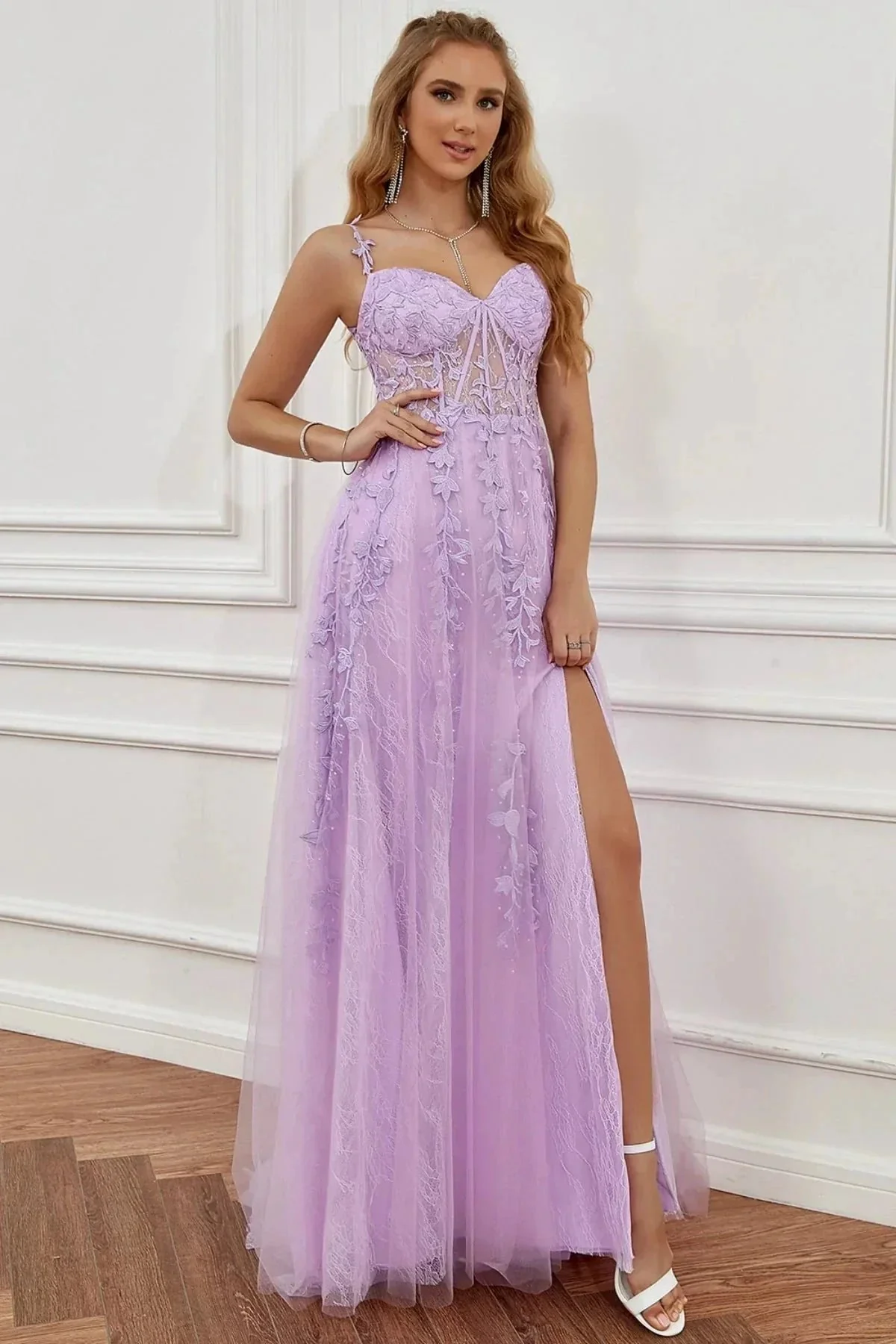 Elegant Long A-line Off The Shoulder Lace Tulle Formal Graduation Prom Dresses with Slit - Image 5